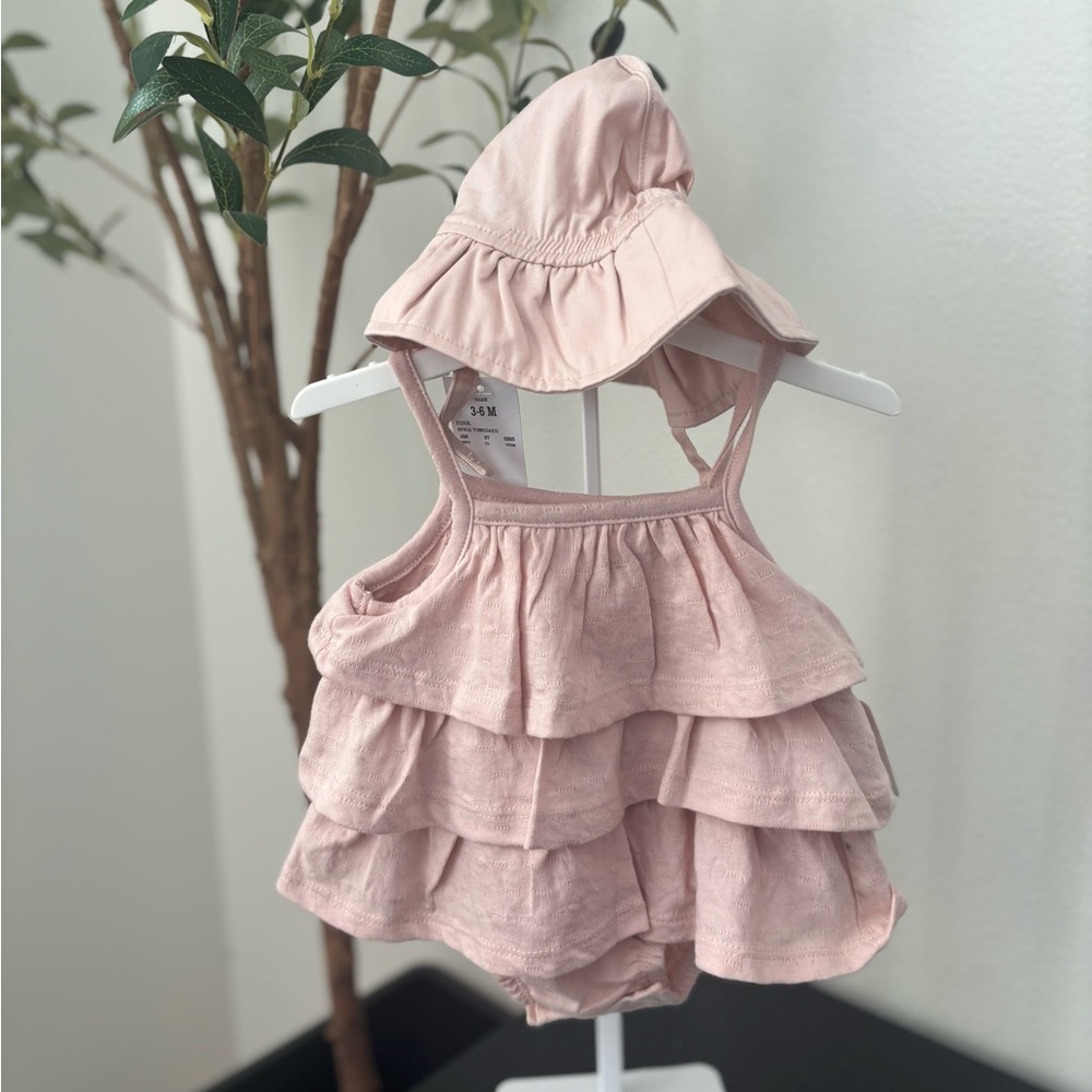 Grayson Mini Charming Pink Ruffle Baby Hat and Dress Set